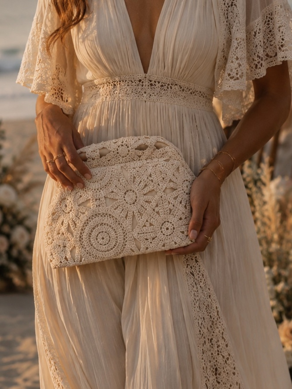 Boho Crochet Cream Clutch Bag